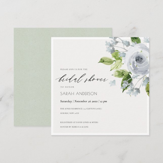 SOFT AQUA BLUE WATERCOLOUR FLORAL BRIDAL SHOWER INVITATION (Front/Back)