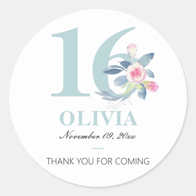SOFT AQUA BLUSH BLUE FLORAL 16TH ANY AGE BIRTHDAY CLASSIC ROUND STICKER (Front)