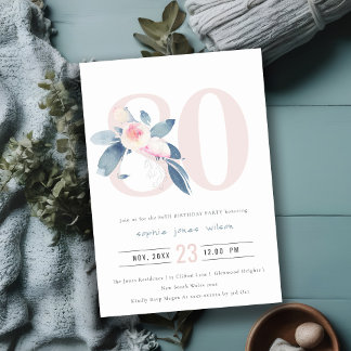 SOFT AQUA BLUSH BLUE FLORAL 80TH ANY AGE BIRTHDAY INVITATION