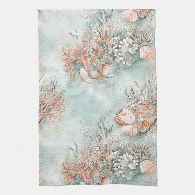 Soft Aqua Ocean Shell Botanical Pattern Kitchen Towel (Vertical)