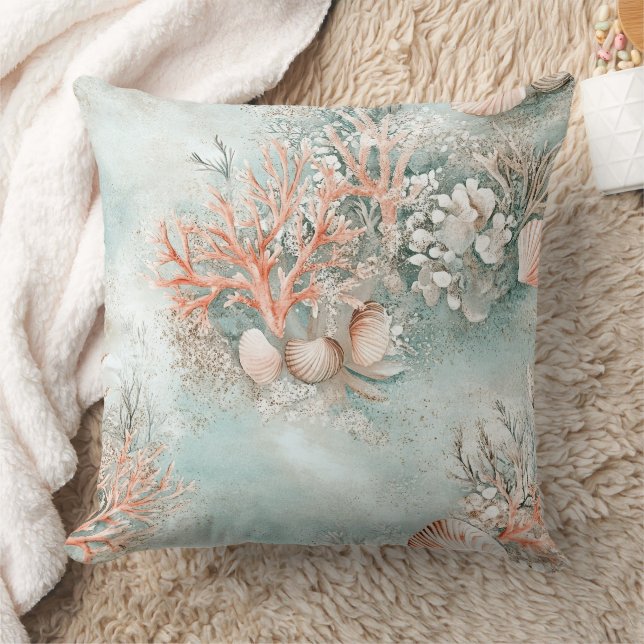 Soft Aqua Ocean Shell Botanical Pattern Throw Pillow (Blanket)