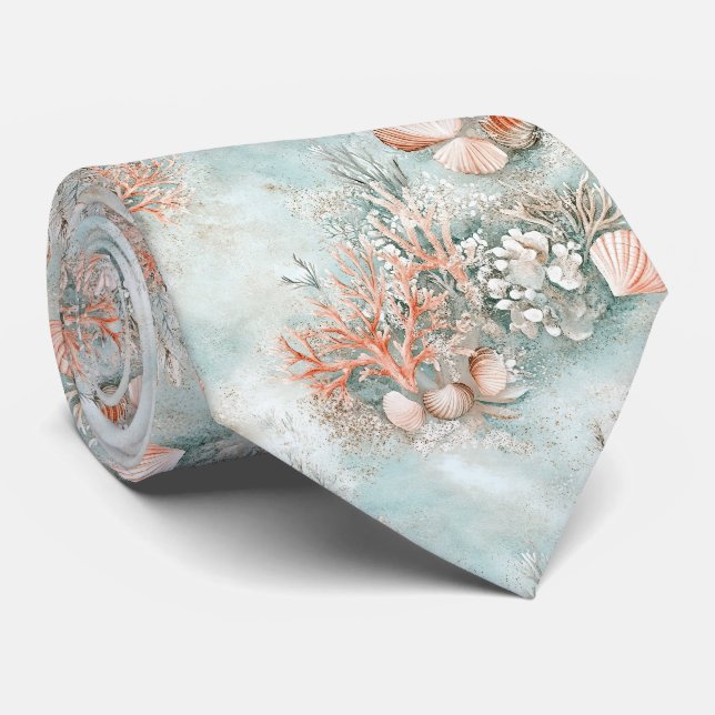 Soft Aqua Ocean Shell Botanical Pattern Tie (Rolled)