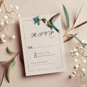 Soft ashy shade gold colourful hummingbird RSVP Invitation