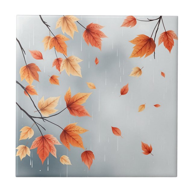 Soft Autumn Leaves with Raindrops Tile (Front)