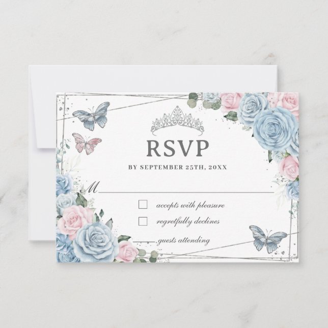 Soft Baby Blue Pink Floral Roses Quinceañera  RSVP Card (Front)