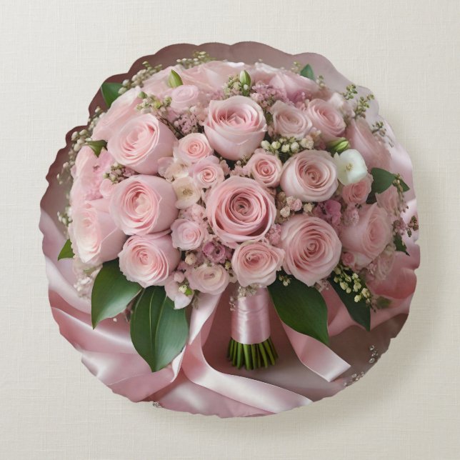 Soft Baby Blush Pink Rose Wedding Bouquet, Round Pillow (Front)