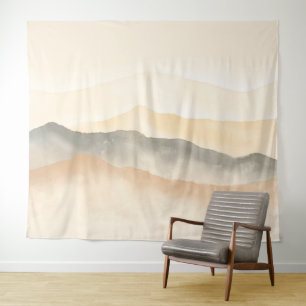 Soft Beige and Grey Watercolor Mountains Landscape Tapestry