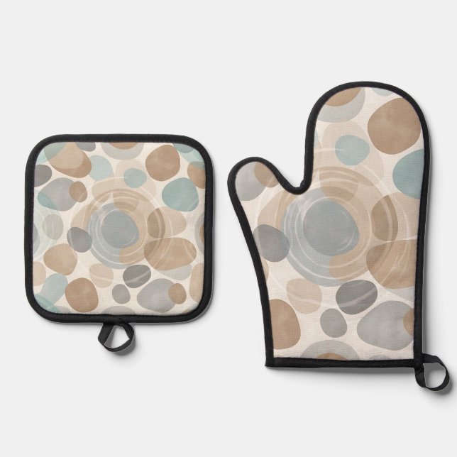 Soft Beige Blue Grey Minimalist Overlapping  Oven Mitt & Pot Holder Set (Front)