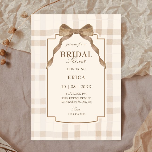 Soft beige brown bow tartan plaid bridal shower invitation (Creator Uploaded)
