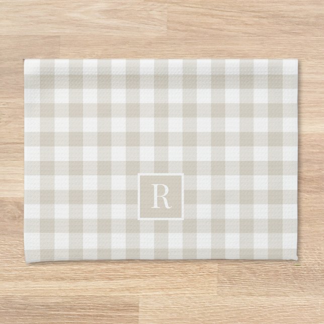 Soft Beige Buffalo Check Custom Initial Kitchen Towel (Creator Uploaded)