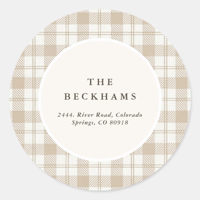 Soft Beige Gingham Christmas Return Address Classic Round Sticker (Front)