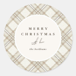 Soft Beige Gingham Merry Christmas Classic Round Sticker
