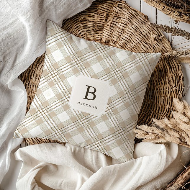 Soft Beige Gingham Monogram Festive Throw Pillow (Creator Uploaded)