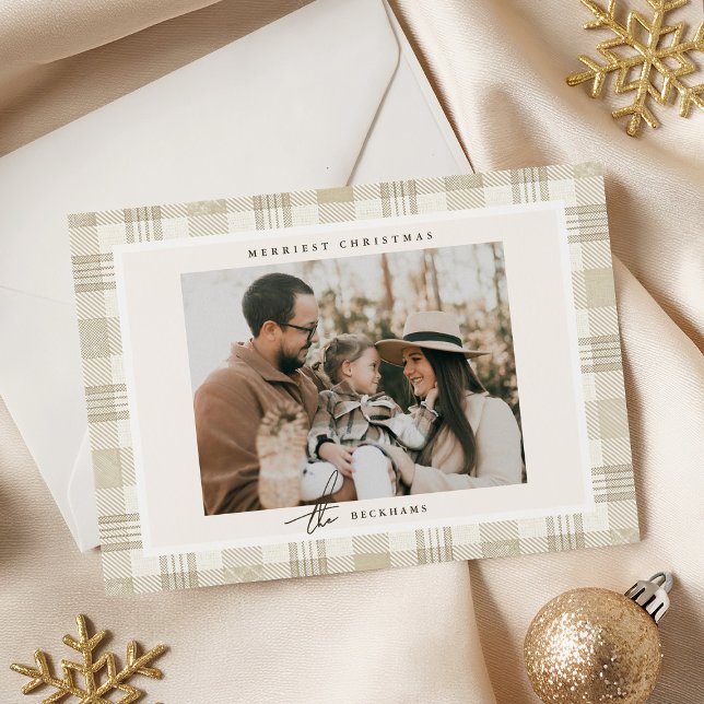 Soft Beige Gingham Photo Christmas Holiday Card (Creator Uploaded)