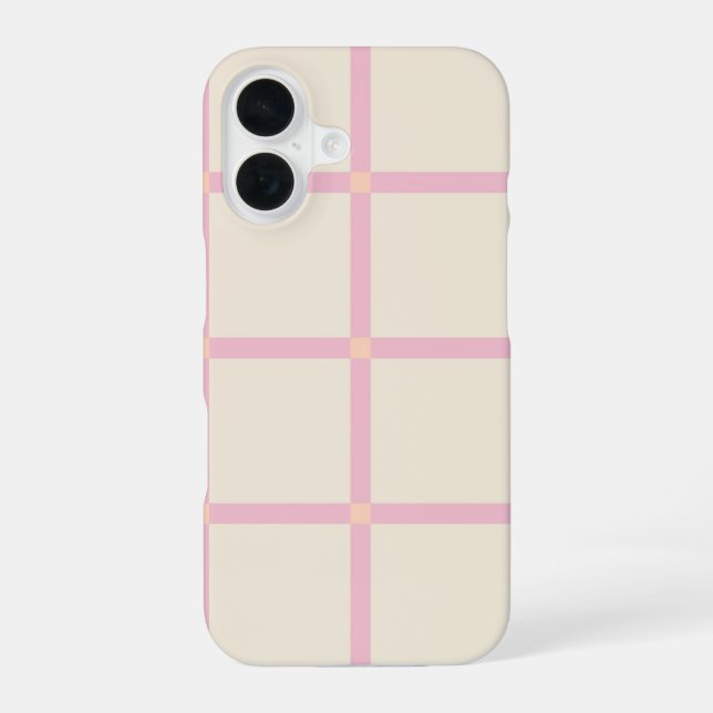 Soft Beige & Pink Grid Pattern iPhone 16 Case (Back)