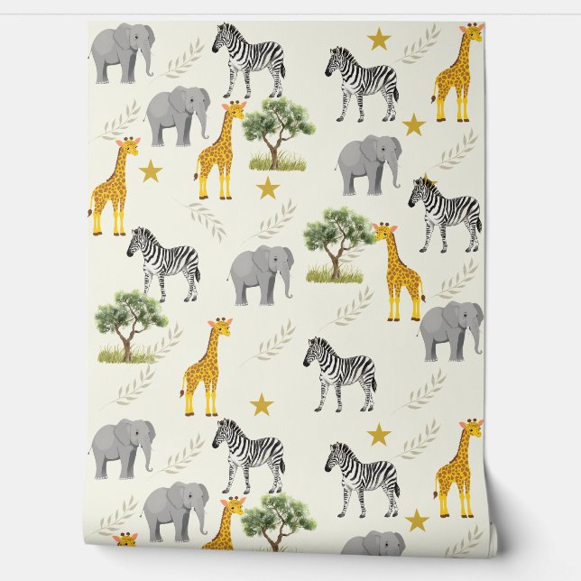 Soft Beige Safari Nursery Wallpaper – Jungle  (Unrolling)