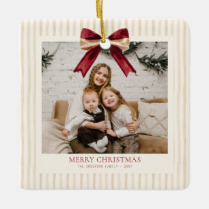 Soft Beige Stripes & Bow Christmas Photo Ceramic Ornament