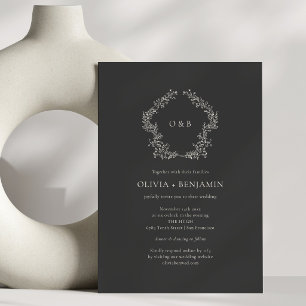 Soft Black Botanical Wreath Monogram Wedding Invitation
