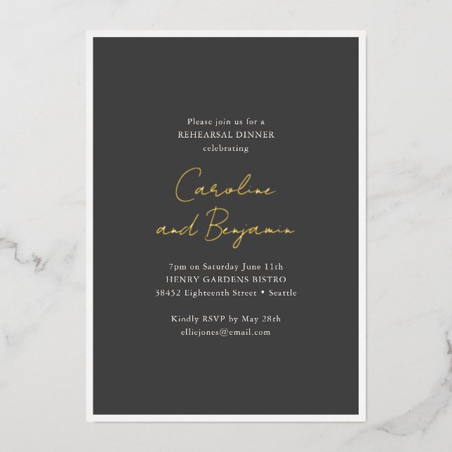 Soft Black Gold Script Names Rehearsal Dinner (Front)
