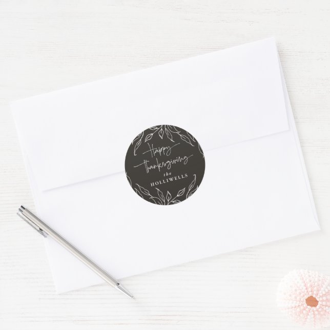 Soft Black Leaf Motif Personalized Thanksgiving Classic Round Sticker (Envelope)