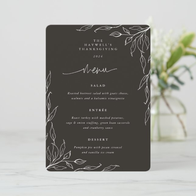 Soft Black Leaf Motif Thanksgiving Dinner Menu (Standing Front)