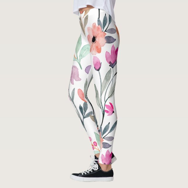 Soft Bloom Watercolor Flower Pattern Pastel  Leggings (Left)