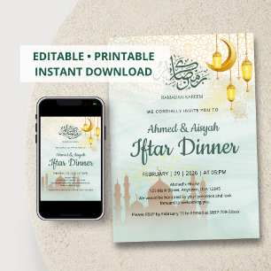 Soft Blue and Gold Mosque Iftar Dinner Party Invitation