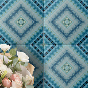 Soft Blue and Indigo Kaleidoscope Geometric Shapes Tile