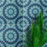 Soft Blue and Indigo Symmetrical Geometric Shapes Tile<br><div class="desc">This ceramic tile features a mesmerizing kaleidoscopic design. At the heart of the tile, a delicate floral motif unfolds, surrounded by an array of geometric shapes that radiate outward in symmetrical patterns. The design is characterized by its intricate detail, creating a sense of depth and movement. The tile’s colour palette...</div>