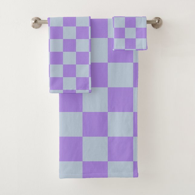 Soft Blue and Lavender Chequered Bath Towel Set (Insitu)