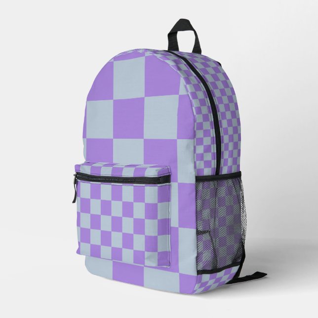 Soft Blue and Lavender Chequered Printed Backpack (Back Corner Right)