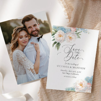 Soft Blue and Pink Flowers Script PHOTO WEDDING Save The Date