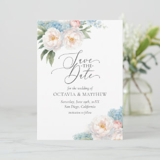 Soft Blue and Pink Flowers Script WEDDING Save The Date
