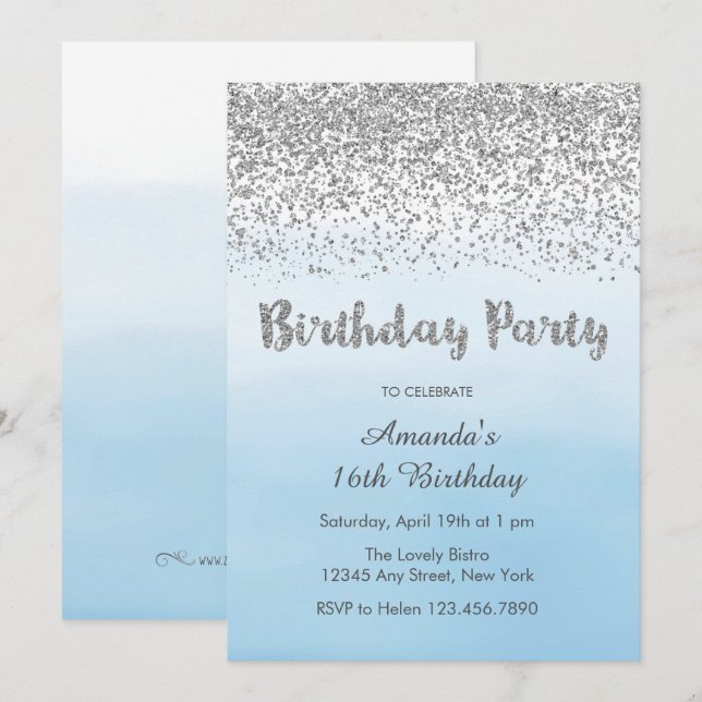 Soft Blue and Silver Birthday Invitation (Front/Back)