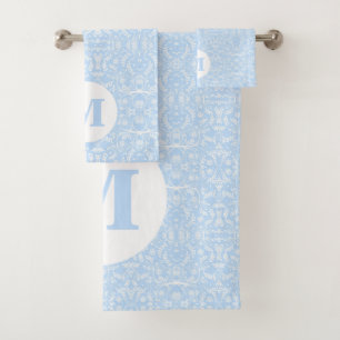 Soft Blue and White Botanical with Monogram Bath Towel Set