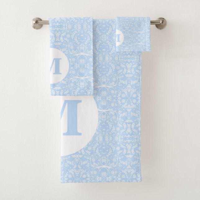 Soft Blue and White Botanical with Monogram Bath Towel Set (Insitu)