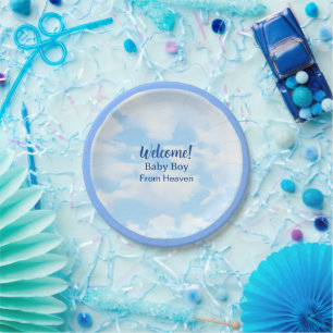 Soft Blue Baby Boy Clouds and Sky Baby Shower Paper Plate