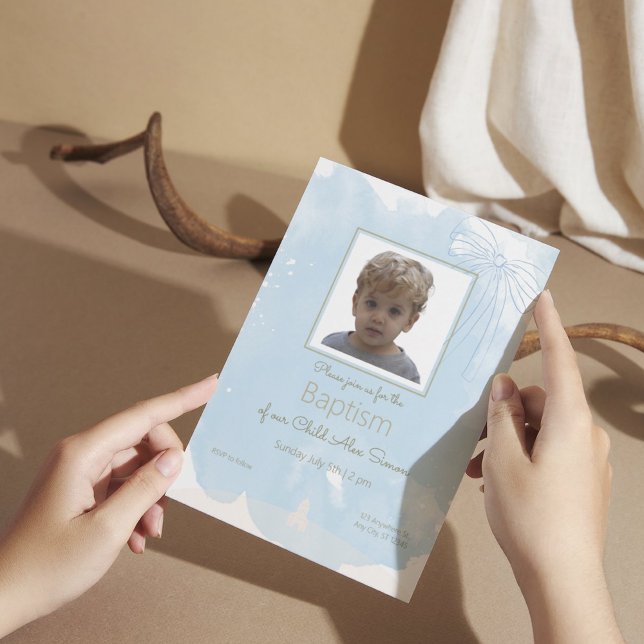 Soft Blue Baptism Invitation with Gold Accents (1)