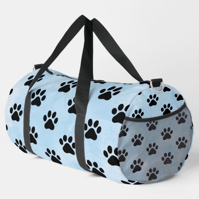 Soft Blue Black Paw Print Monogram Personalize Duffle Bag (Right Corner)