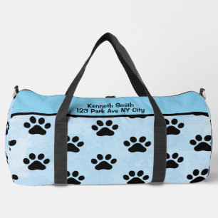 Soft Blue Black Paw Print Monogram Personalize Duffle Bag