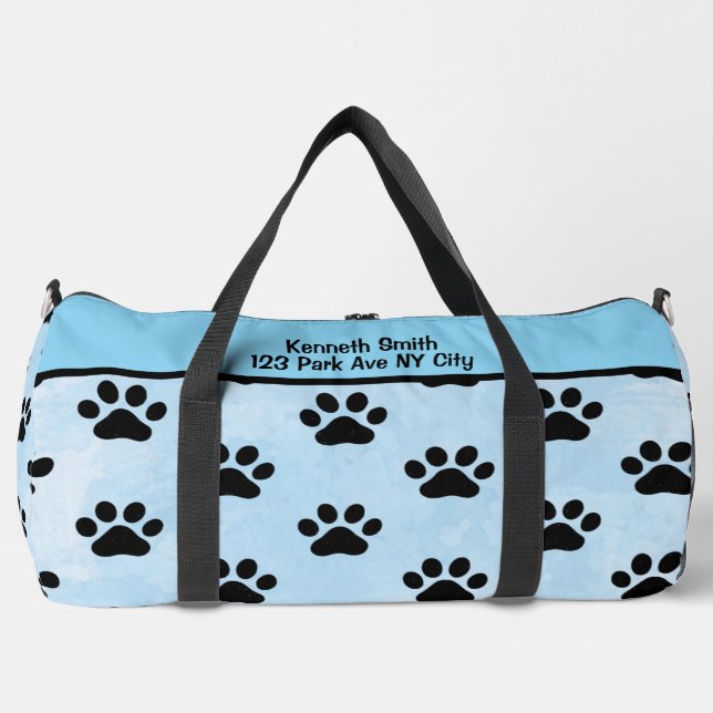 Soft Blue Black Paw Print Monogram Personalize Duffle Bag (Front)