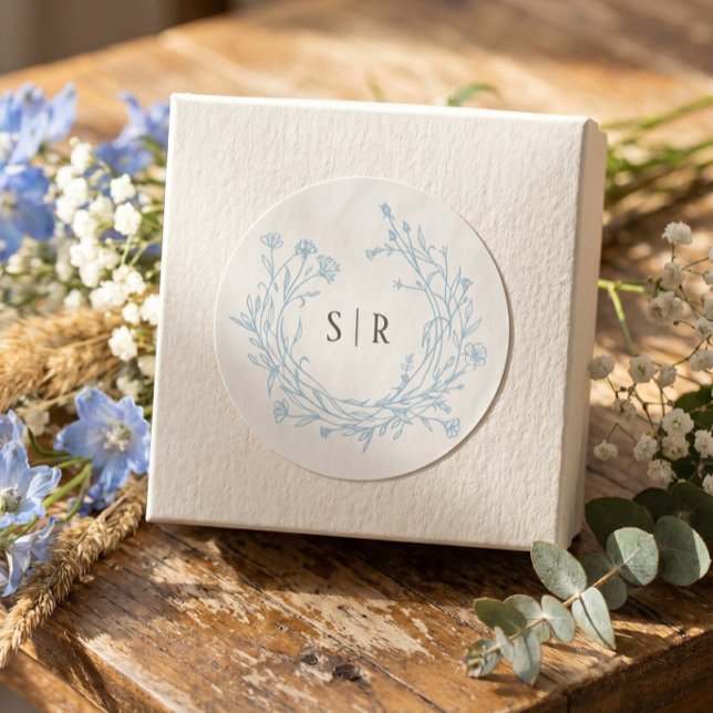 Soft Blue Boho Floral Monogram Custom Wedding Classic Round Sticker (Creator Uploaded)
