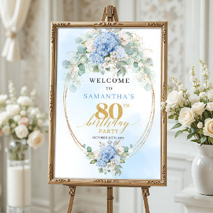Soft Blue Boho Gold Hydrangeas 80 birthday welcome Poster