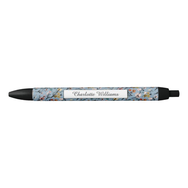 Soft Blue Boho Watercolor Botanical Custom  Black Ink Pen (Front)