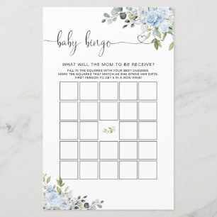 Soft Blue Botanical Baby Shower Baby Bingo Game