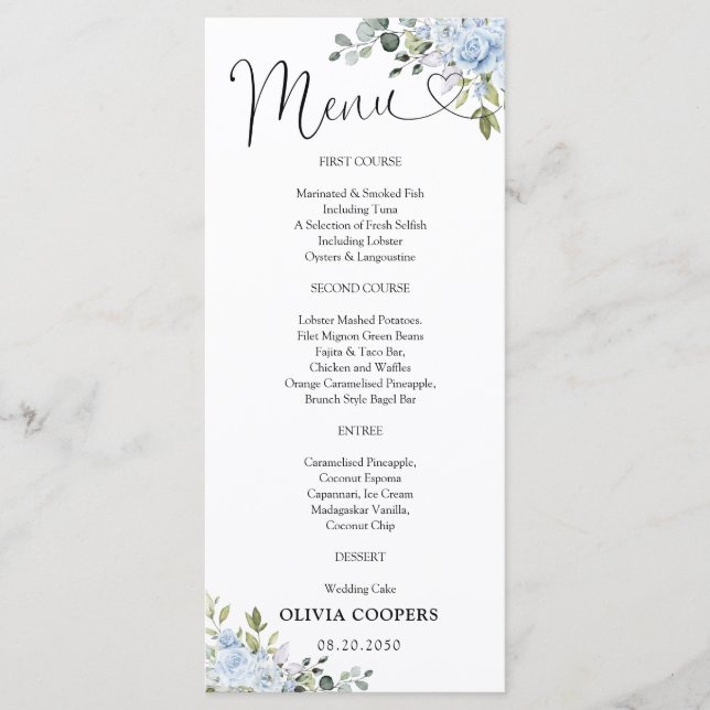 Soft Blue Botanical Baby Shower Menu (Front)
