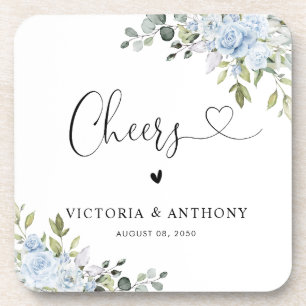 Soft Blue Botanical Cheers Square Coaster