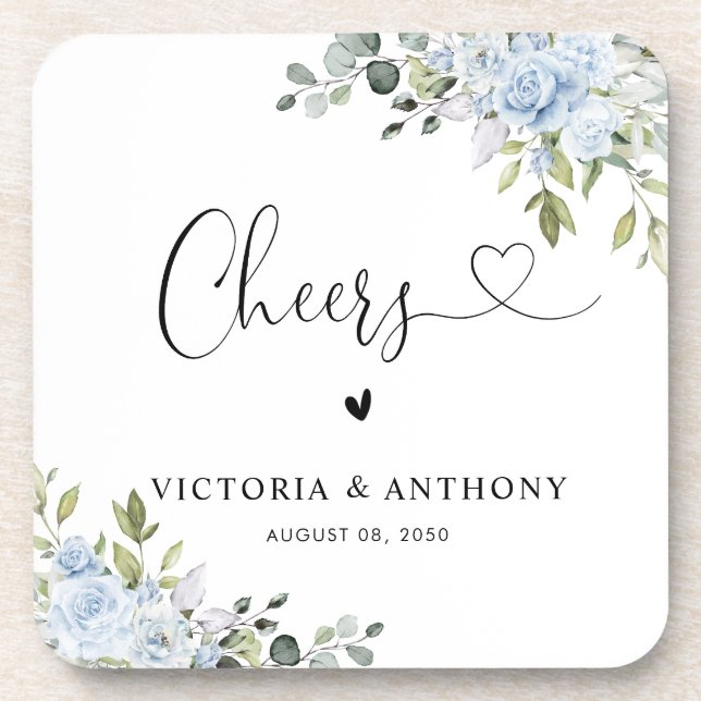 Soft Blue Botanical Cheers Square Coaster (Front)