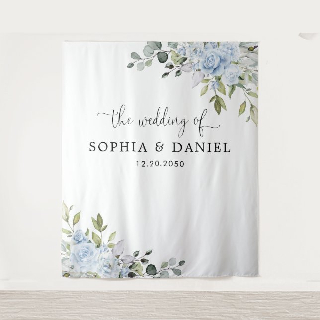 Soft Blue Botanical Wedding Backdrops Banner Tapestry (Front)