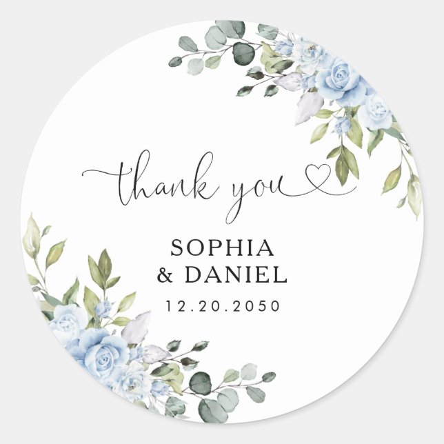 Soft Blue Botanical Wedding Classic Round  Sticker (Front)